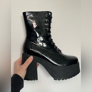 LAMODA Aura Shiny Black Faux Patent Leather Lace-Up Platform Boots